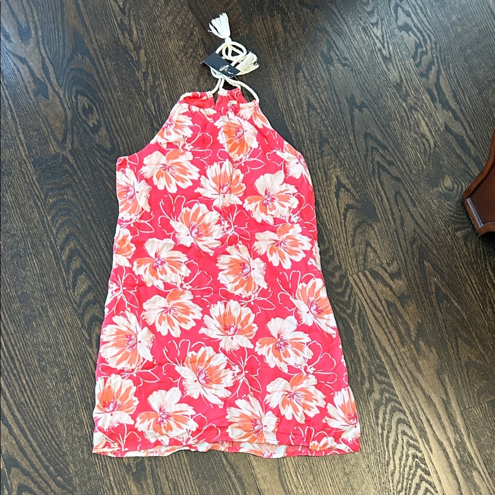 Hollister Floral Halter Dress in Fushia and White